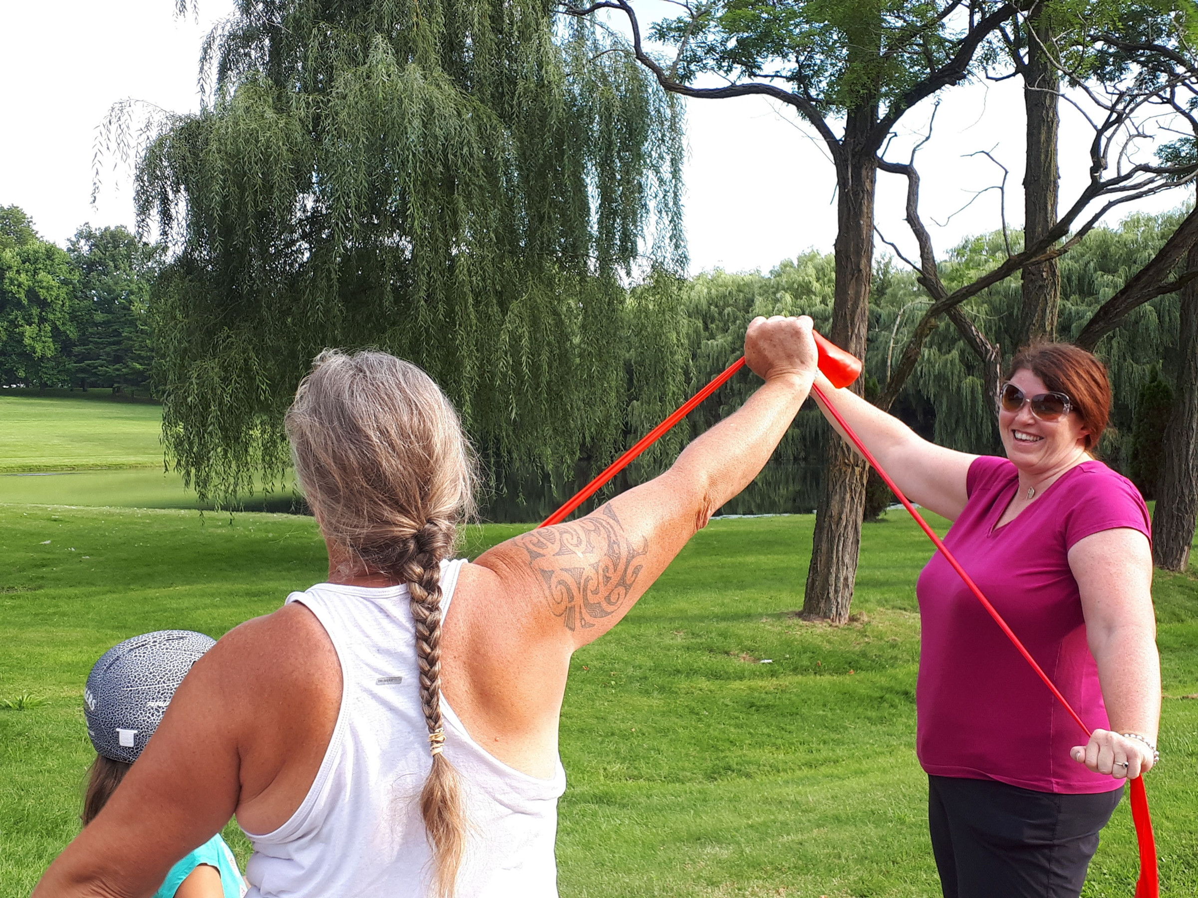 A resistance band workout in the park