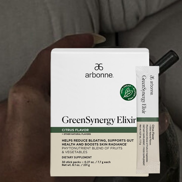 A box of Arbonne GreenSynergy Elixir, citrus flavour